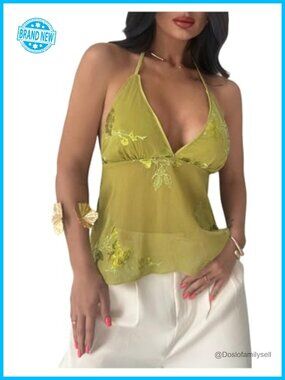 Y2k Floral Sequin Halter Top Low Cut Backless Sheer Chiffon Ruffle Flowy Tank